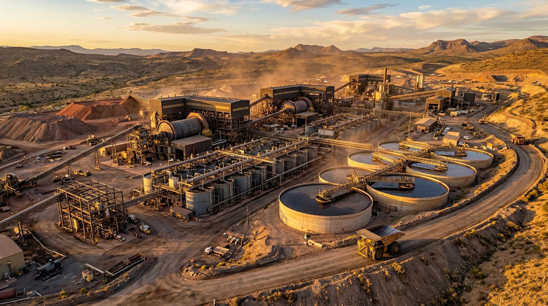 Aerial view of a mineral processing plant at golden hour